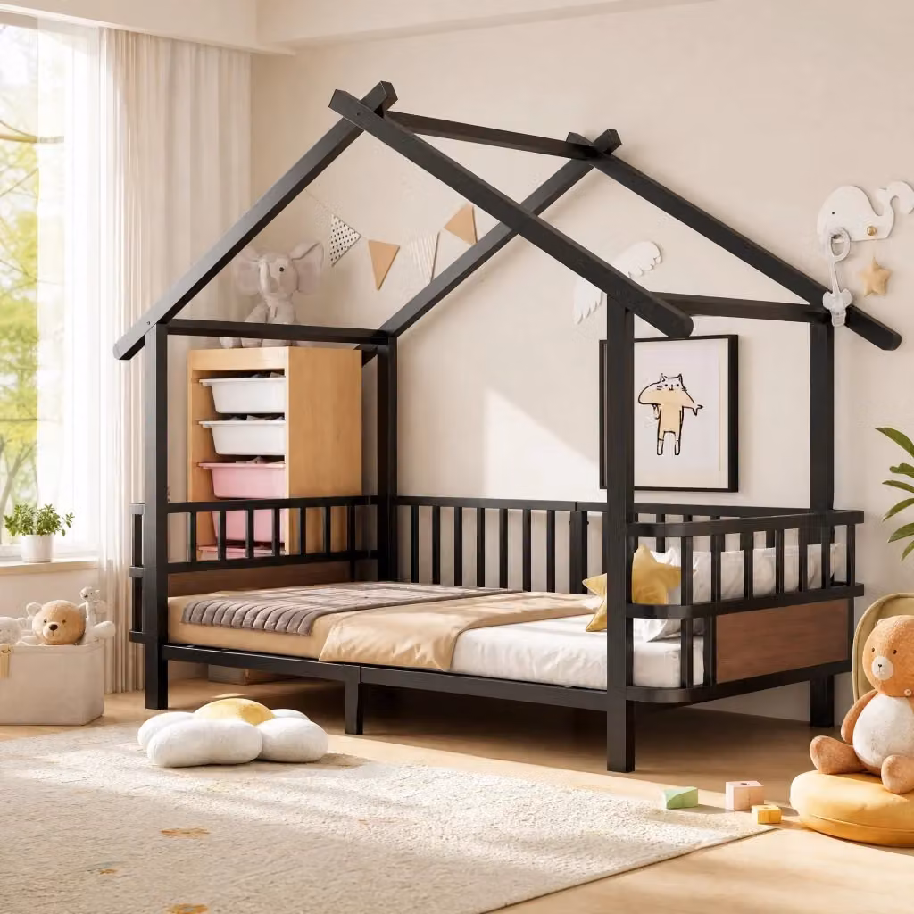 Letto a casetta Mivray per bambini con telaio in metallo nero e rete a 15 doglie L/P/H: 200 x 90 x 168,5 cm – 2