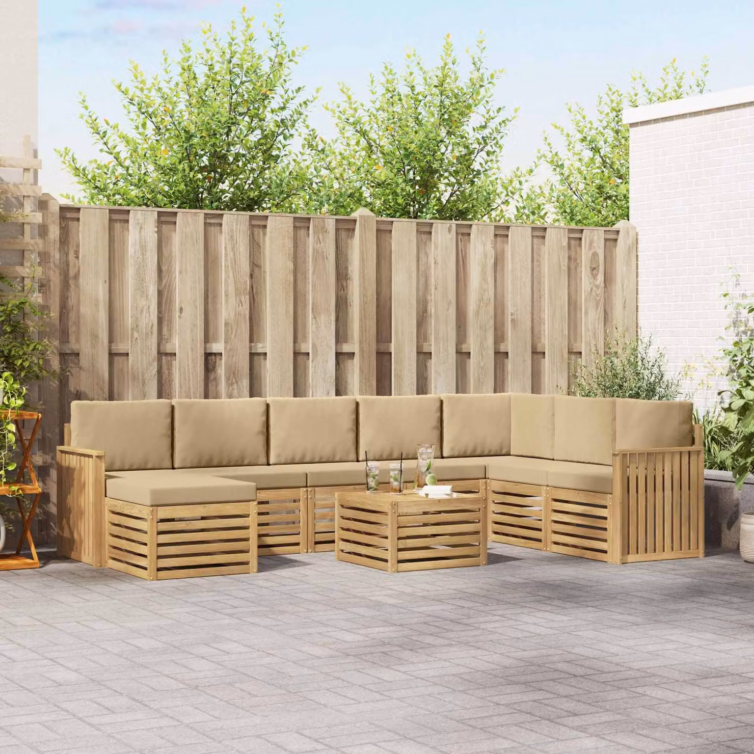Set di divani da esterno vidaXL 9 pezzi in legno di acacia con cuscini, colore bianco, beige e marrone