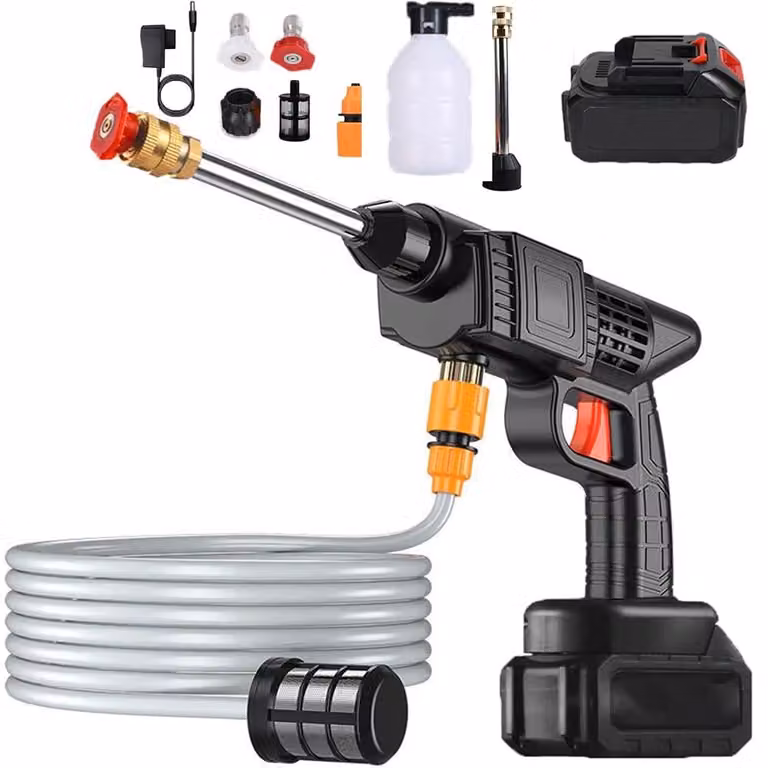 Idropulitrice a batteria, 90 bar, con 3 lance, tubo da 5 metri, colore nero