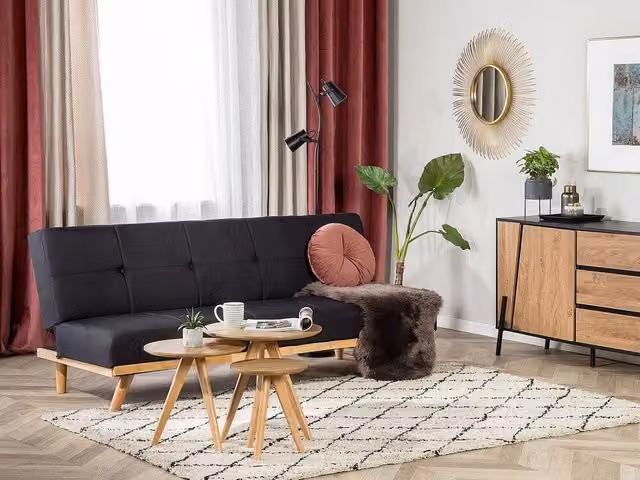 Divano letto Click Clack Beliani a 3 posti in tessuto nero con struttura in legno per soggiorno e camera da letto L: 183 cm, P: 80 cm, H: 38 cm – 1