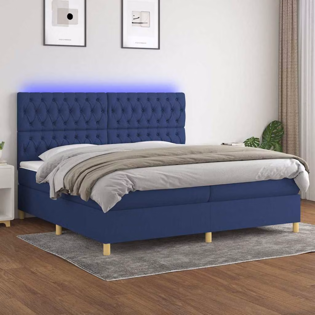 Letto a molle vidaXL con materasso, illuminazione LED blu e porta USB, rivestito in tessuto blu e bianco, L/P: 200 x 200 cm – 1
