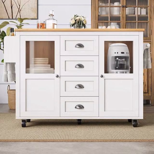 Isola da cucina moderna WISHDOR bianca con piano ribaltabile, 4 cassetti e ruote girevoli, L: 137,9 cm, P: 73 cm, H: 92,5 cm