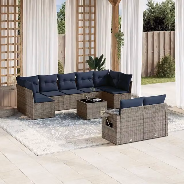 Set Divani da Giardino 10 pz con Cuscini Grigio in Polyrattan 3220630