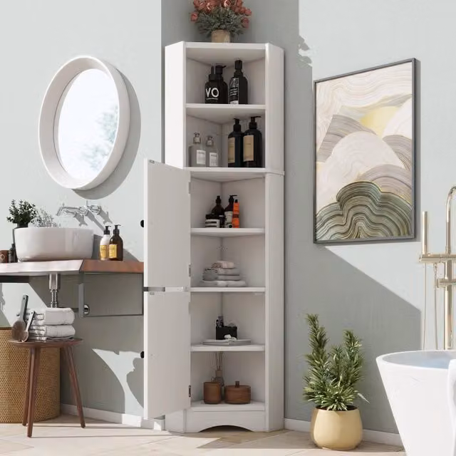 Mobile angolare da bagno OKWISH in MDF laccato bianco con 2 ante, vani aperti e ripiani regolabili, H 155.4 x L 51.7 x P 32 cm
