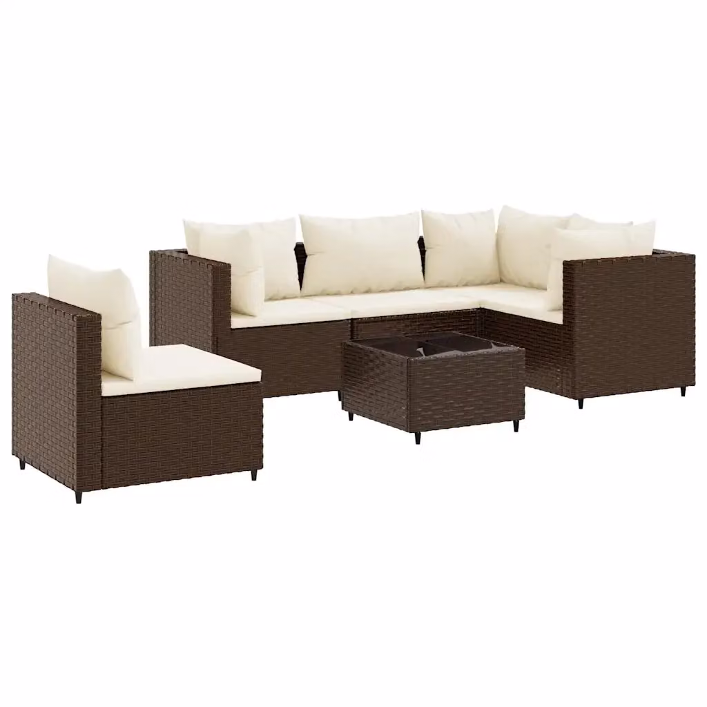 Set di mobili da giardino vidaXL in rattan marrone e bianco con 6 pezzi, divano angolare a L, tavolo da caffè in vetro e cuscini imbottiti – 2