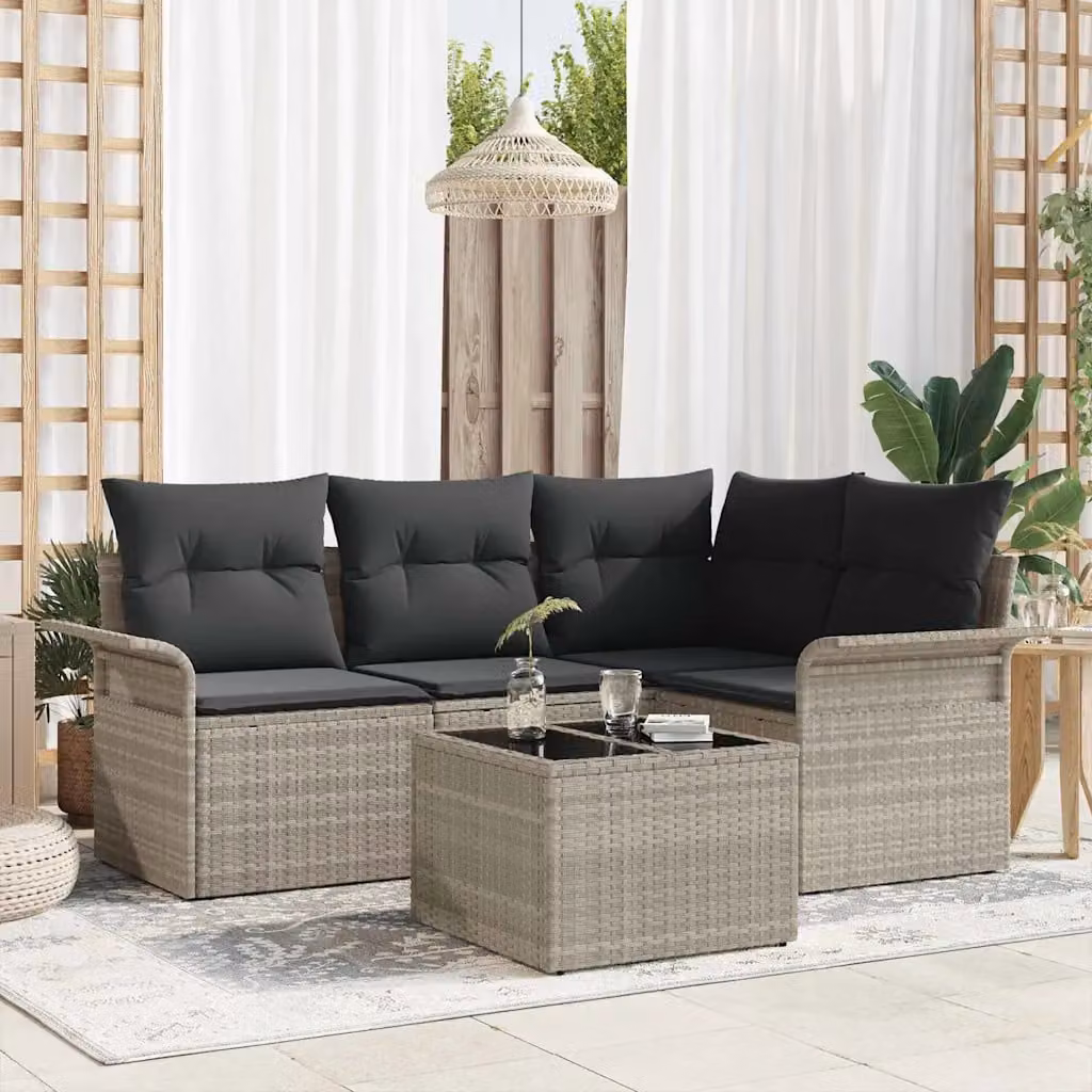 Set Divano da Giardino vidaXL 5 Pezzi a Forma di L Grigio con Cuscini e Tavolino in Polyrattan e Acciaio – 1