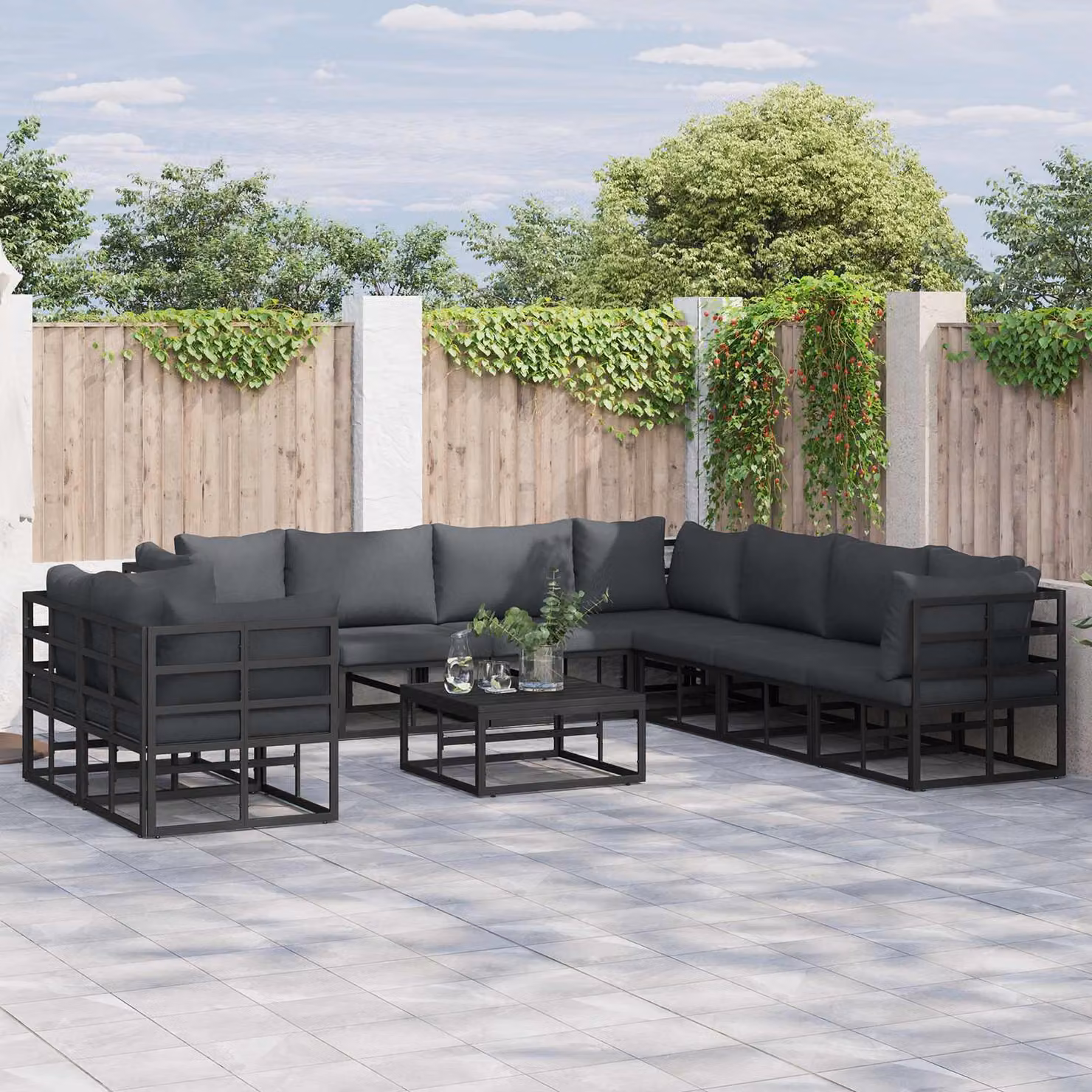 Maison Exclusive - Set da giardino composto da 10 pezzi, divano, colore nero, struttura in alluminio
