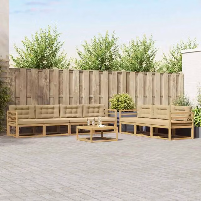 Set di divani da esterno 7 pezzi vidaXL in legno di acacia con cuscini bianchi e beige – 1
