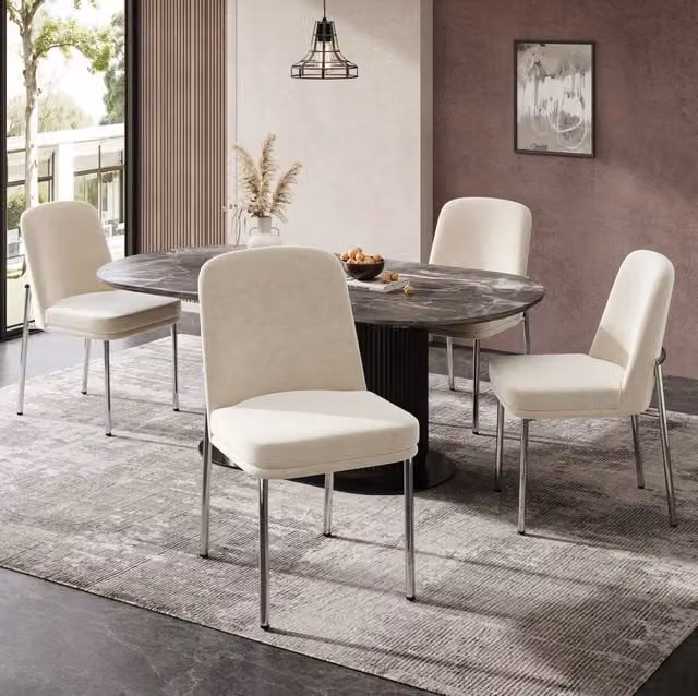Set di 4 sedie da pranzo beige in velluto, struttura in metallo