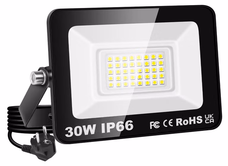 Faretto LED da 30W, 3000 lumen, 6000K, grado di protezione IP66, con spina