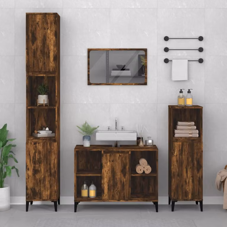Set di mobili da bagno moderno vidaXL in 3 pezzi color rovere fumo con mobile lavabo e colonna, L/P/H: 80 x 60 x 33 cm