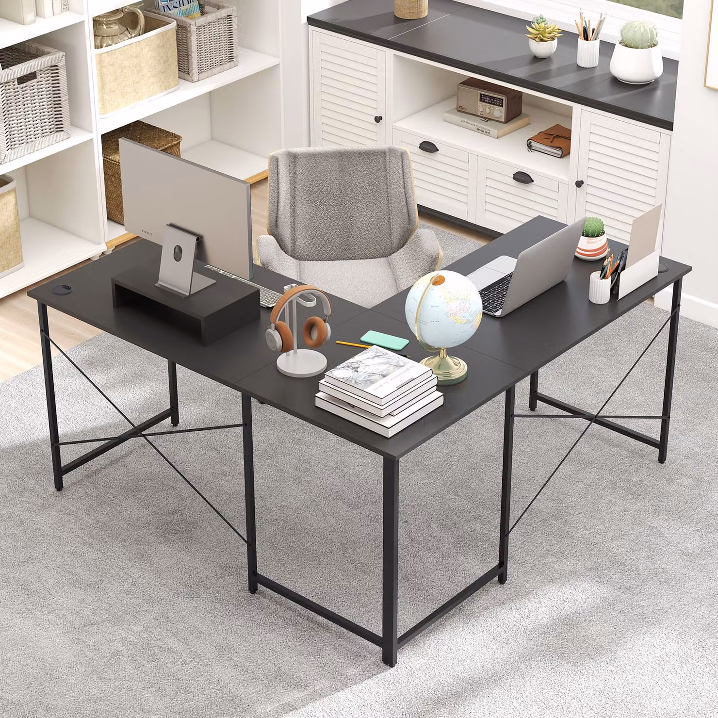 Scrivania angolare per computer Costway estensibile con supporto monitor, tavolo da ufficio moderno in metallo per 2 persone, Grigio, L: 240 cm
