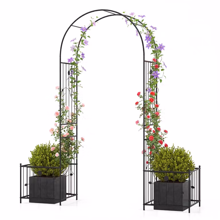 Arco da giardino Costway in metallo nero con vasi per piante rampicanti e supporto per decorazioni ornamentali esterne