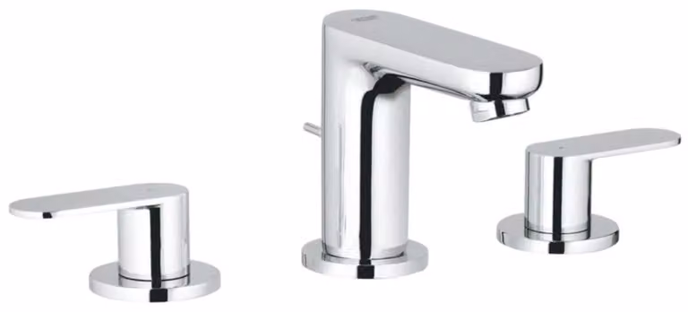 Miscelatore per lavabo a tre fori, modello "S", cromato, con due maniglie, portata massima di 7 litri al minuto