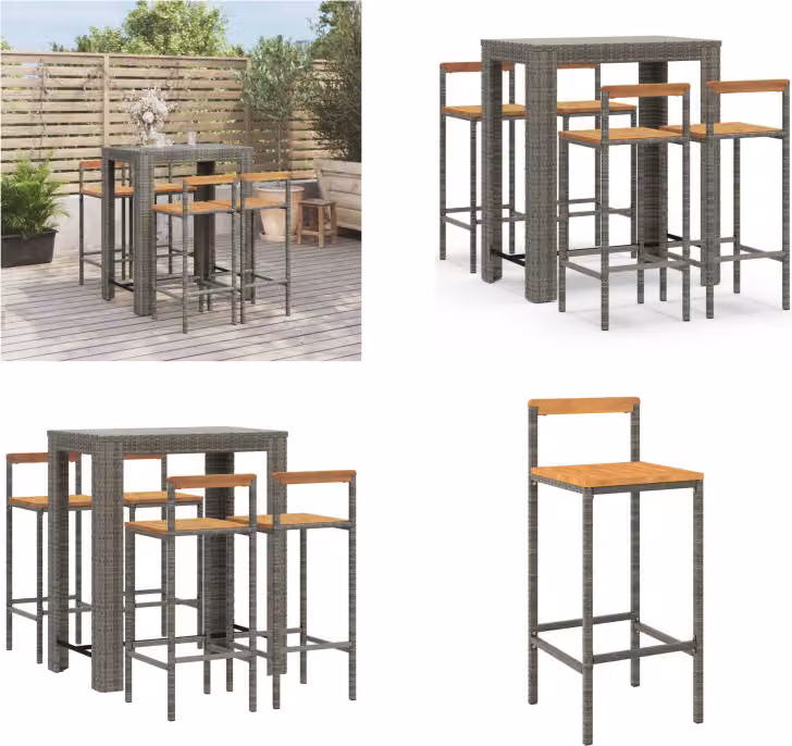 vidaXL Set bar da giardino 5 pezzi in poly rattan grigio e legno massiccio di acacia - Set bar da giardino - Set bar da giardino - Set bar da giardino - Bar da giardino