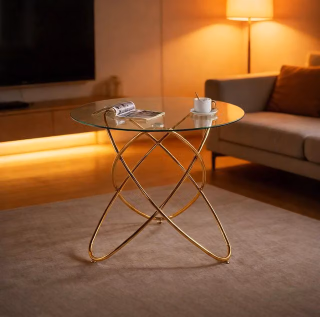 Tavolo da pranzo in vetro temperato con gambe in metallo dorato; design moderno