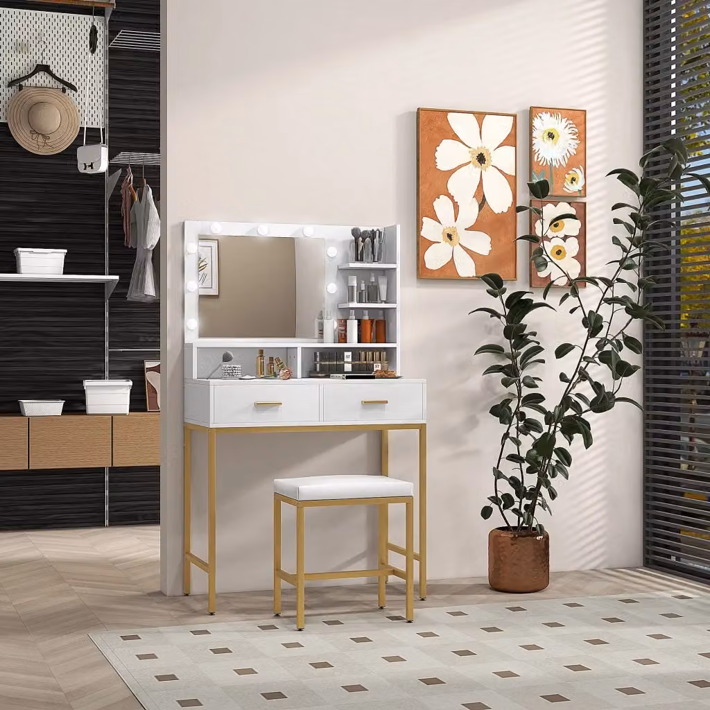 Mobile Toeletta Hollywood con Specchio LED e Sgabello Bianco GIORDANOSHOP L 80 cm, P 40 cm, H 138 cm – 2