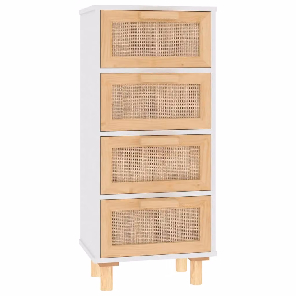 Credenza Bianca 40x30x90cm Legno Massello Pino Rattan Naturale