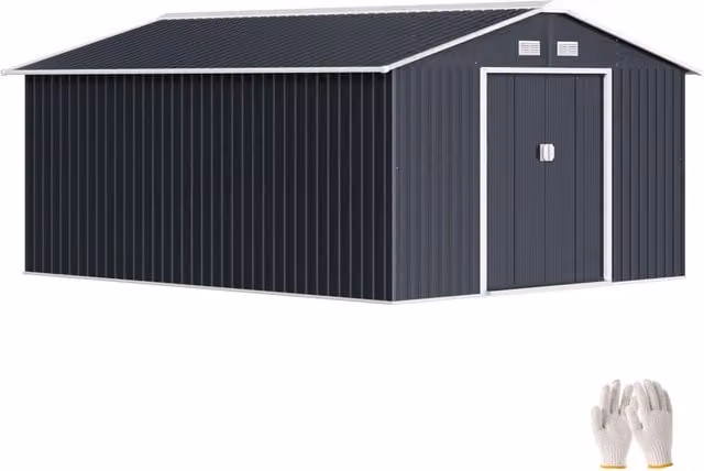 Casetta da Giardino 12.4m2 in Acciaio Zincato con kit Fondazione, Prese d'Aria, Capanno da Giardino con Tetto Inclinato, Doppia Porta Scorrevole Bloccabile, Capanno Porta Attrezzi, Grigio