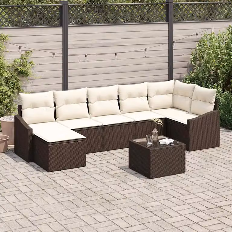 Set di divani da giardino vidaXL 8 pezzi in rattan marrone con cuscini beige e tavolino da esterno