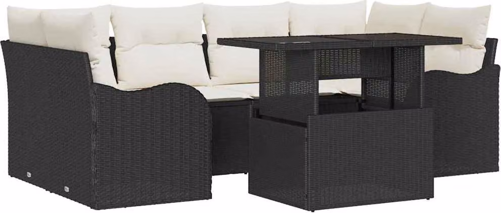 Set Divano da Giardino con cuscino 7 pcs Nero Poly Rattan