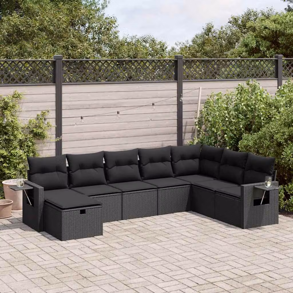Set di divani da giardino a forma di L vidaXL in polyrattan nero con 8 cuscini inclusi