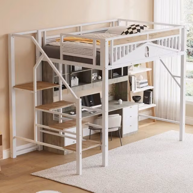 Letto a soppalco 140x200 in metallo bianco con scala laterale di sicurezza e spazio sottostante