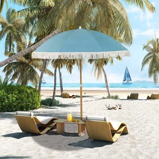 Ombrellone da giardino effetto legno, Ø 1,7 m, grande ombrellone da spiaggia con nastri e altezza regolabile, UPF50+, borsa per il trasporto inclusa, azzurro