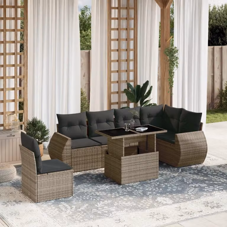 vidaXL Set Divani da Giardino 7 pz a Forma a L in Polyrattan Grigio con Cuscini e Tavolino