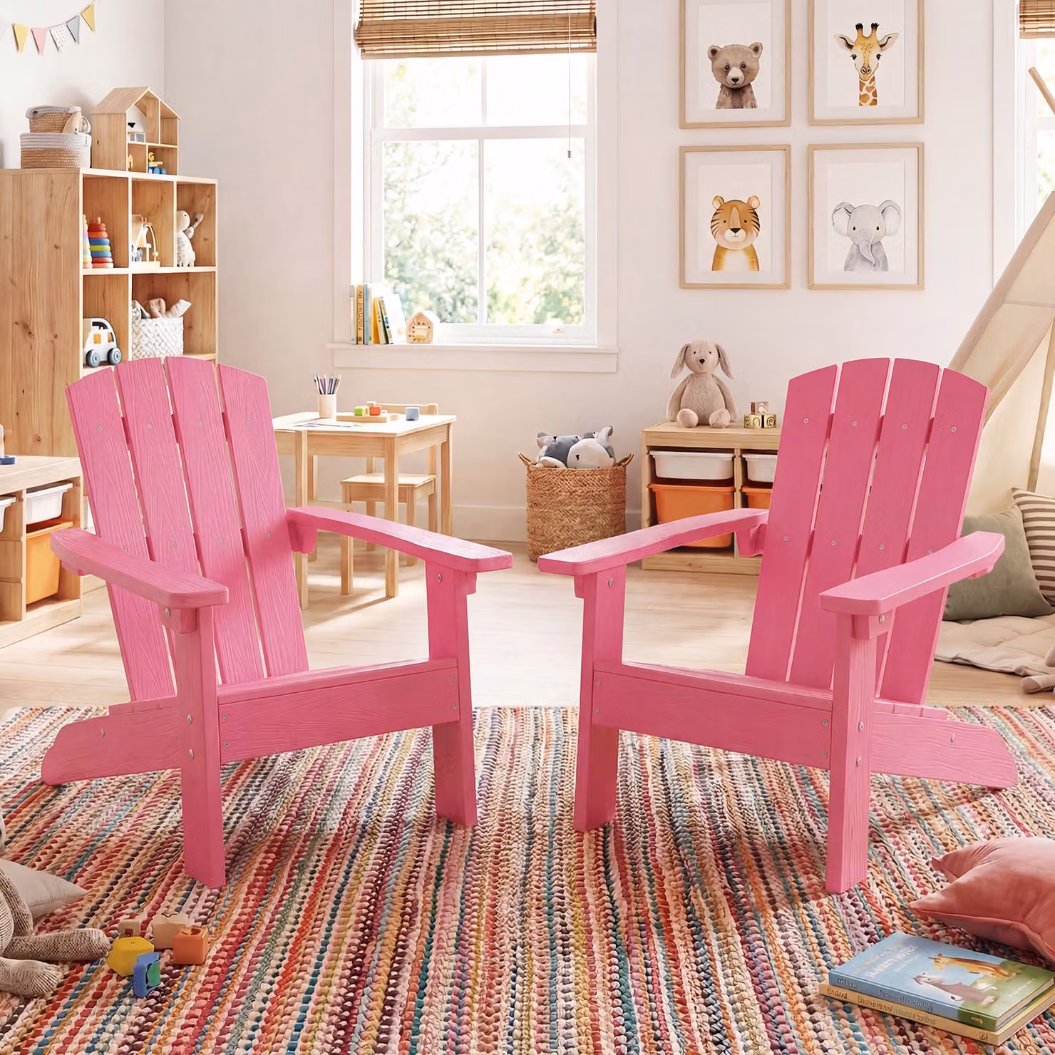 Sedia Adirondack per bambini Costway in plastica resistente alle intemperie, poltrona da giardino con schienale a doghe, Rosa