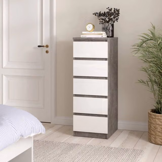 Cassettiera Achaldi DMORA, Comò e Settimino multiuso per camera da letto o soggiorno, L: 50 cm, P: 40 cm, H: 111 cm, Cemento e Bianco lucido