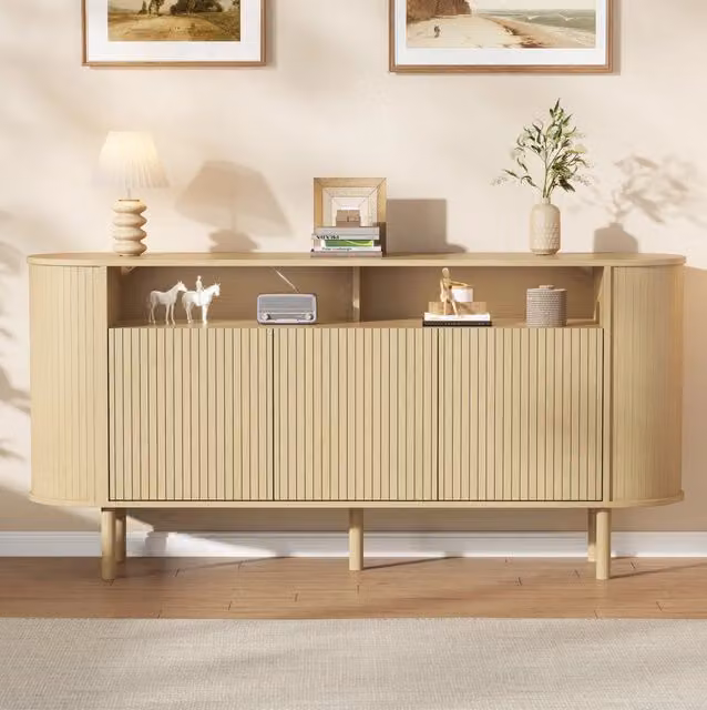 Sideboard 160x40x78;5 cm con 3 ante ondulate e 2 vani aperti; pannello truciolare; naturale