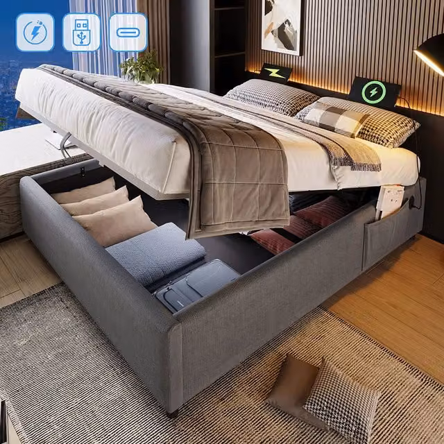 Letto a cassone imbottito 160x200 cm - Xylo - Grigio, USB-C, senza testiera