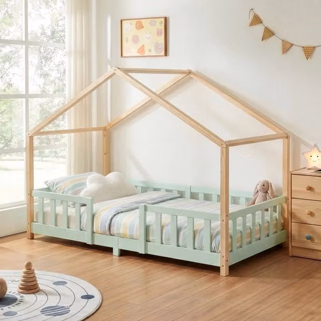 Letto per cameretta Treviolo en.casa a forma di casetta in stile Montessori, legno di pino, Verde Menta e Beige, L/P/H: 200 x 90 x 120 cm – 1