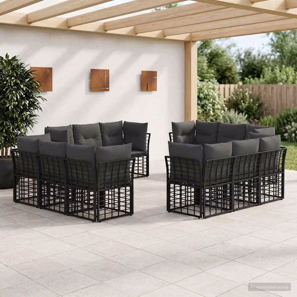 Set di divani da esterno a L vidaXL in metallo e poliestere resistente ai raggi UV, colore nero e grigio, con cuscini inclusi