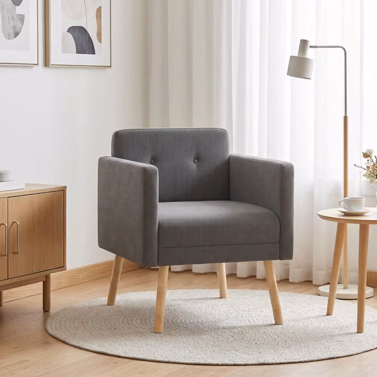 Sedia d'accento moderna vidaXL in velluto a coste grigio con braccioli e struttura in legno