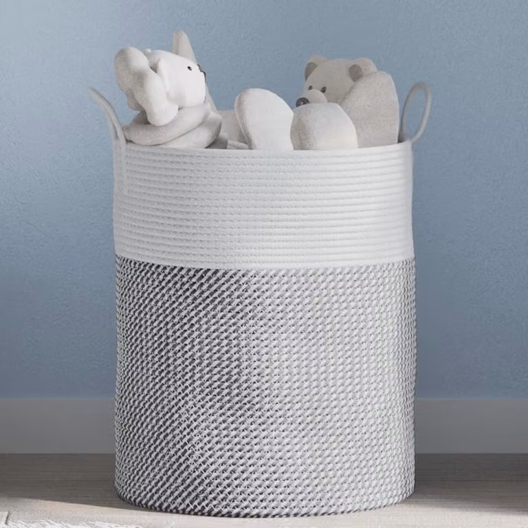 Cestino portaoggetti vidaXL in cotone multicolore grigio e bianco con maniglie e struttura pieghevole, Ø 38 x 46 cm