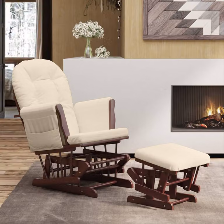 vidaXL Poltrona Glider con Sgabello in Tessuto e Struttura in Legno di Gomma Bianco Crema