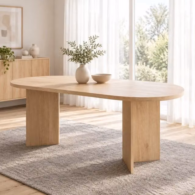 Tavolo da pranzo 160x80 cm in MDF, per 6-8 persone, piano arrotondato spesso 18 mm, colore rovere