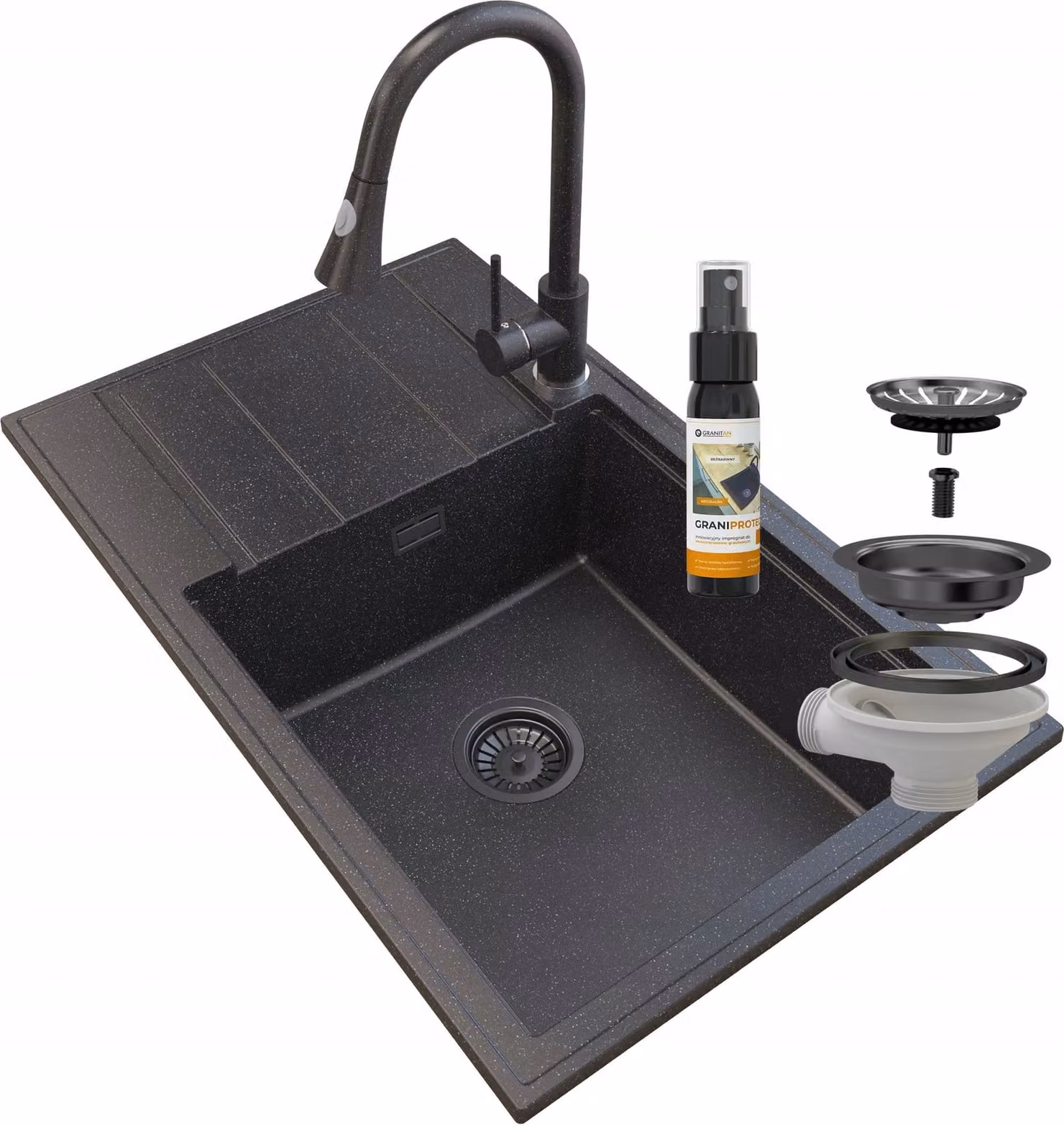 Granitan - Lavello in granito - Lavello da cucina - Nero screziato - con piano di sgocciolamento - Lavello - LOUIS