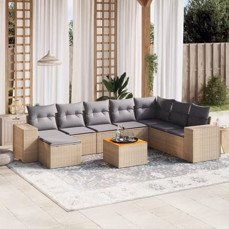 Set Divano da Giardino vidaXL 9 pz in Polyrattan con Cuscini Beige e Tavolino Moderno