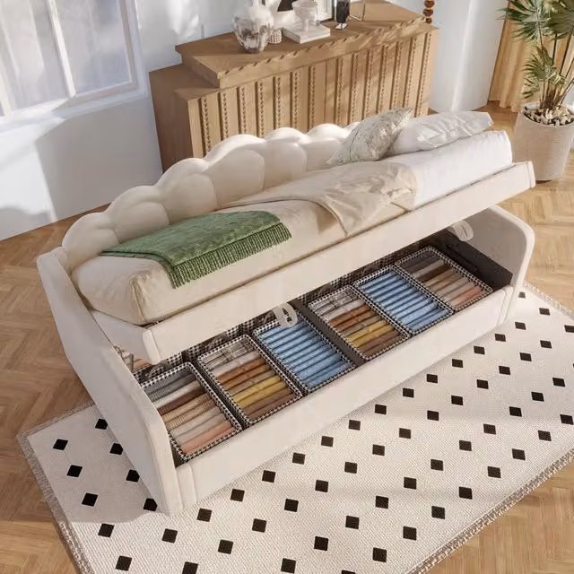Letto contenitore singolo beige con testiera ondulata, illuminazione LED sottostante e vano portaoggetti, L/P/H: 90 x 200 x 120 cm