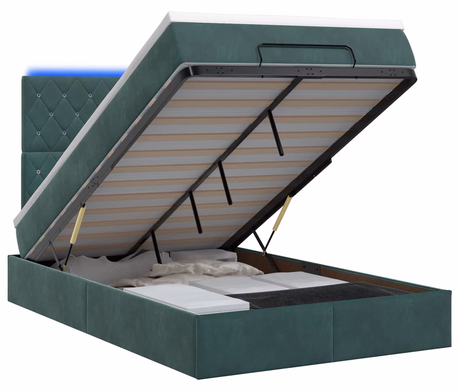 Panca-letto con materasso e illuminazione LED, verde scuro, 120 x 200 cm, rivestita in velluto