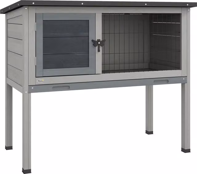 Conigliera da esterni PawHut in legno di abete con tetto apribile e vassoio estraibile, Grigio, L 84 cm x P 43 cm x H 70 cm – 1