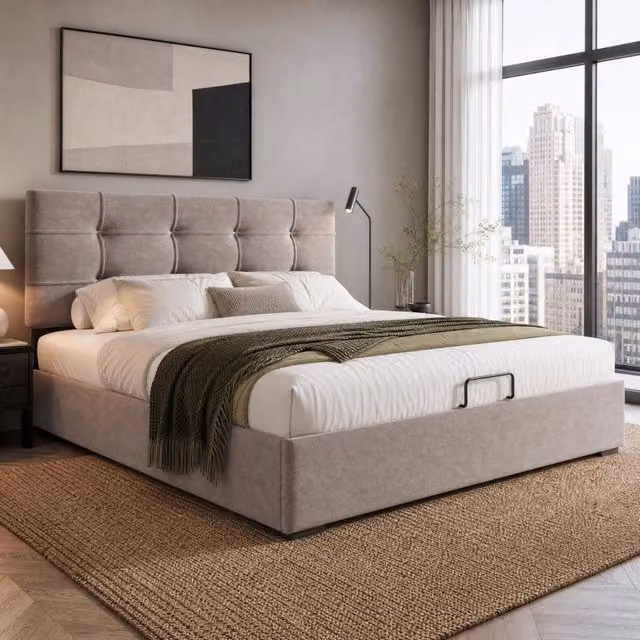 Letto contenitore Mivray in velluto grigio con testiera regolabile e rete a doghe sollevabile L/P: 140 x 200 cm