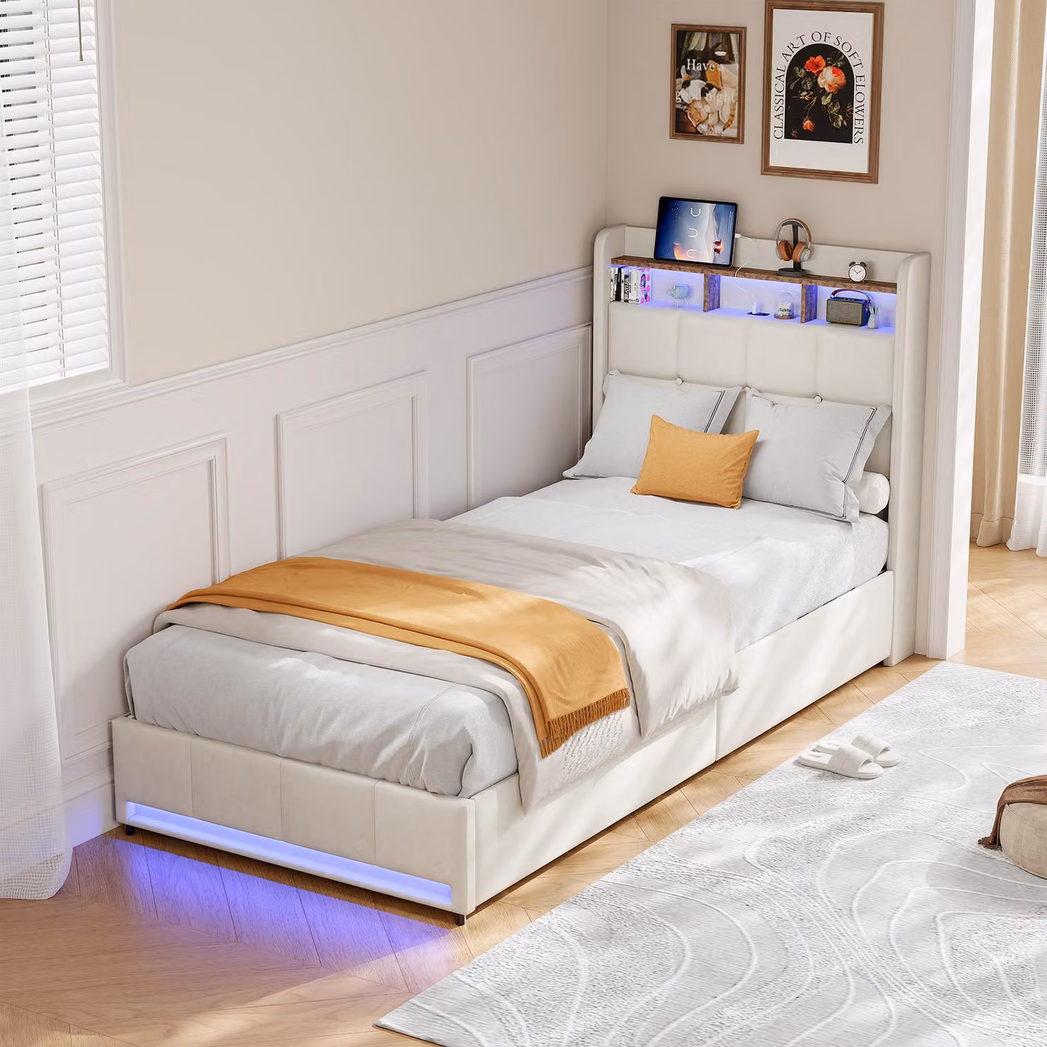 Letto imbottito ProximaX 90×200 cm in beige - tessuto di lino, 2 cassetti laterali, testata con connessione USB e Type-C, luce LED - Ideale per camere da letto