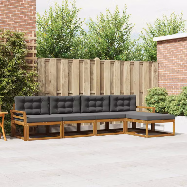 Set di divani da esterno vidaXL a forma di L in legno di acacia con pouf e cuscini, colore marrone e antracite