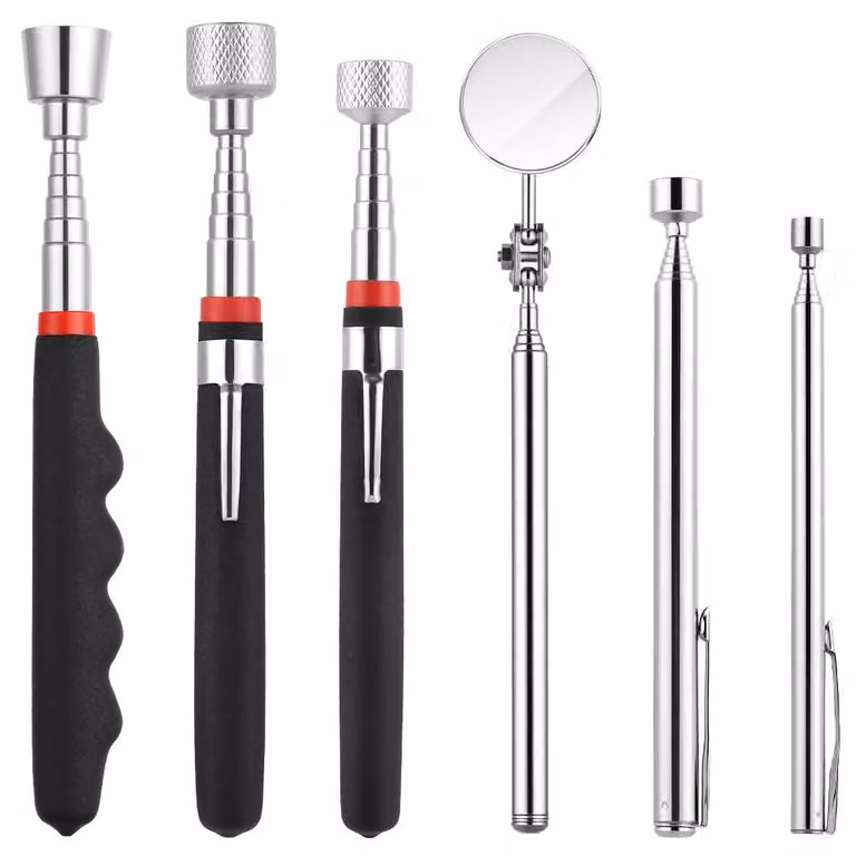 Set di strumenti magnetici telescopici, composto da 6 pezzi, con specchio di ispezione, per componenti metallici