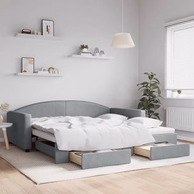 Divano Letto Estraibile Cassetti-Sofa Letto-Daybed Grigio Chiaro 100x200 Tessuto 990572