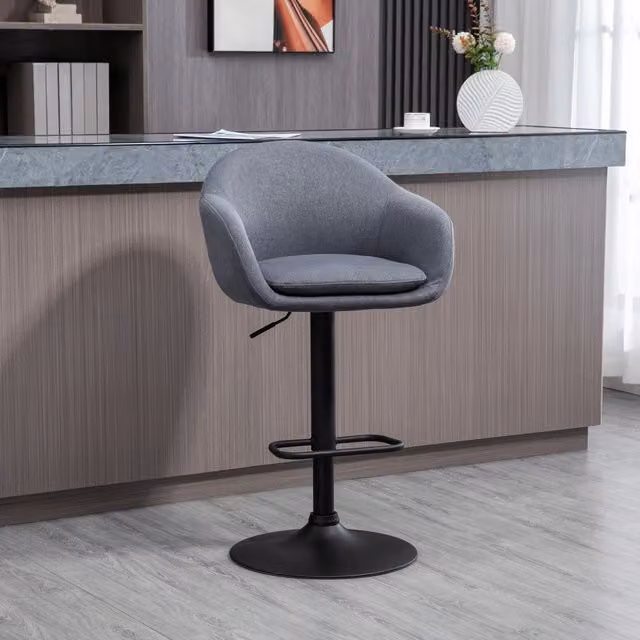 Sgabello da bar girevole a 360° MIVRAY con schienale e poggiapiedi, regolabile in altezza, rivestimento effetto lino grigio – 1